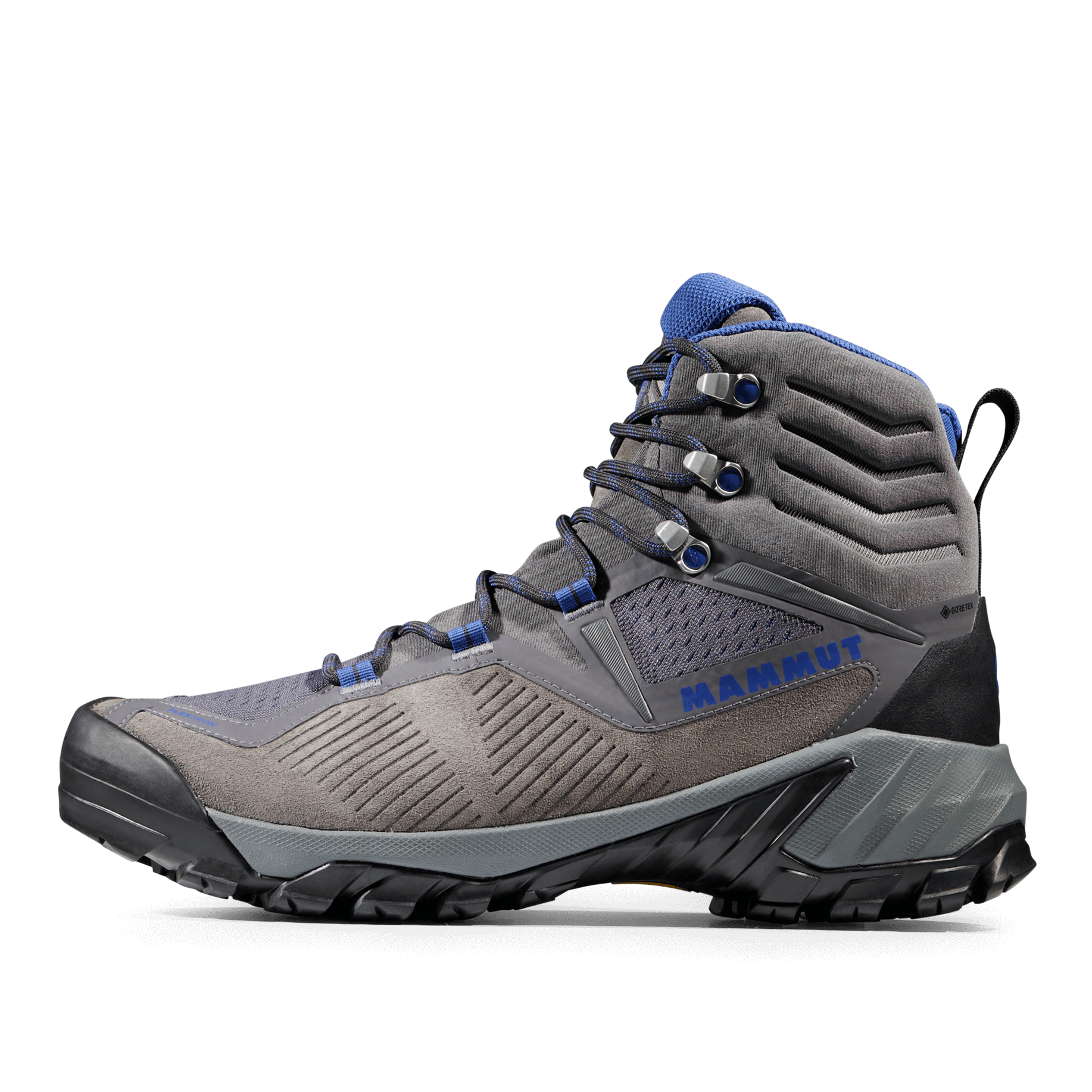 Mammut Sapuen High GTX Men's Hiking Boots in color Dark Titanium/Dark Ice with blue accents. The boots are designed for all terrain hiking and feature a waterproof GORE-TEX membrane.