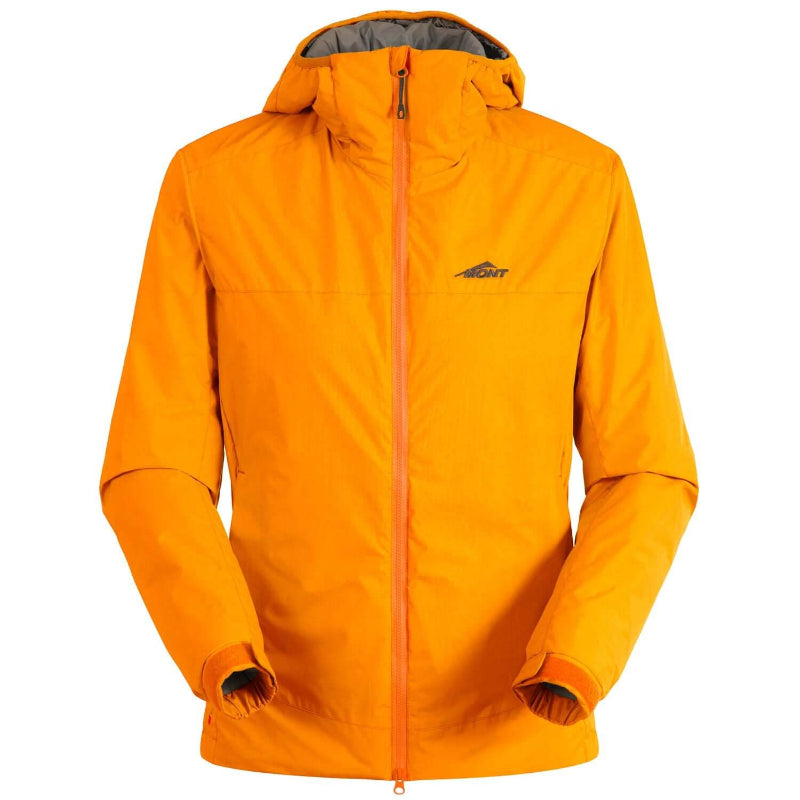 A woman's hoodie jacket in orange with a hood, designed for outdoor use, with zippered hand warmer pockets.