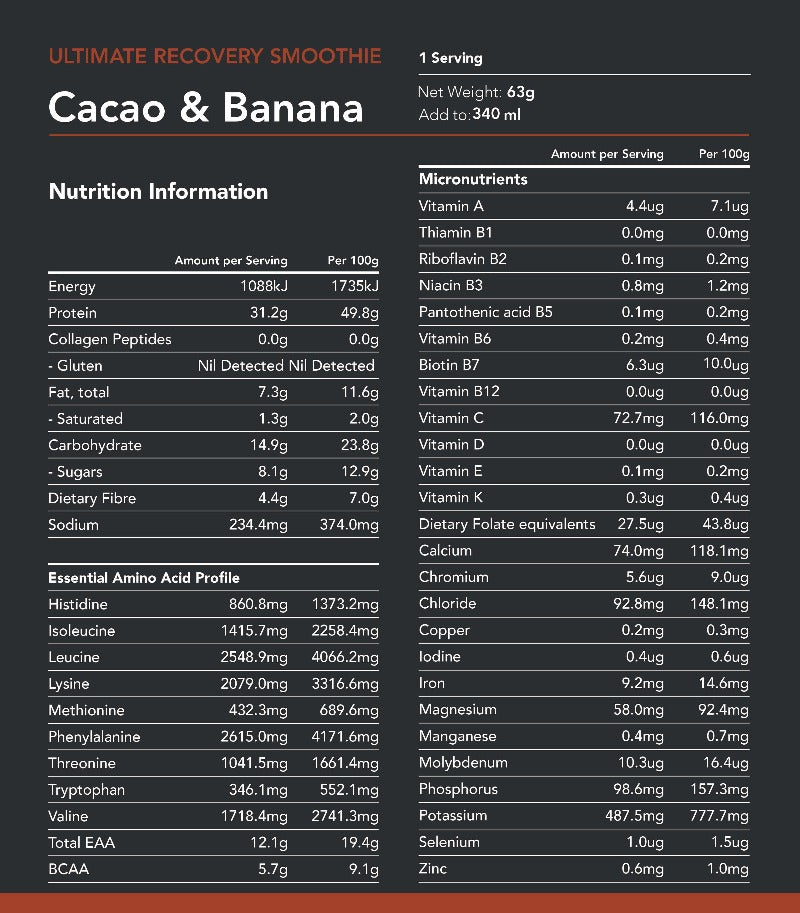 Radix Ultimate Recovery Smoothie Nutritional Information