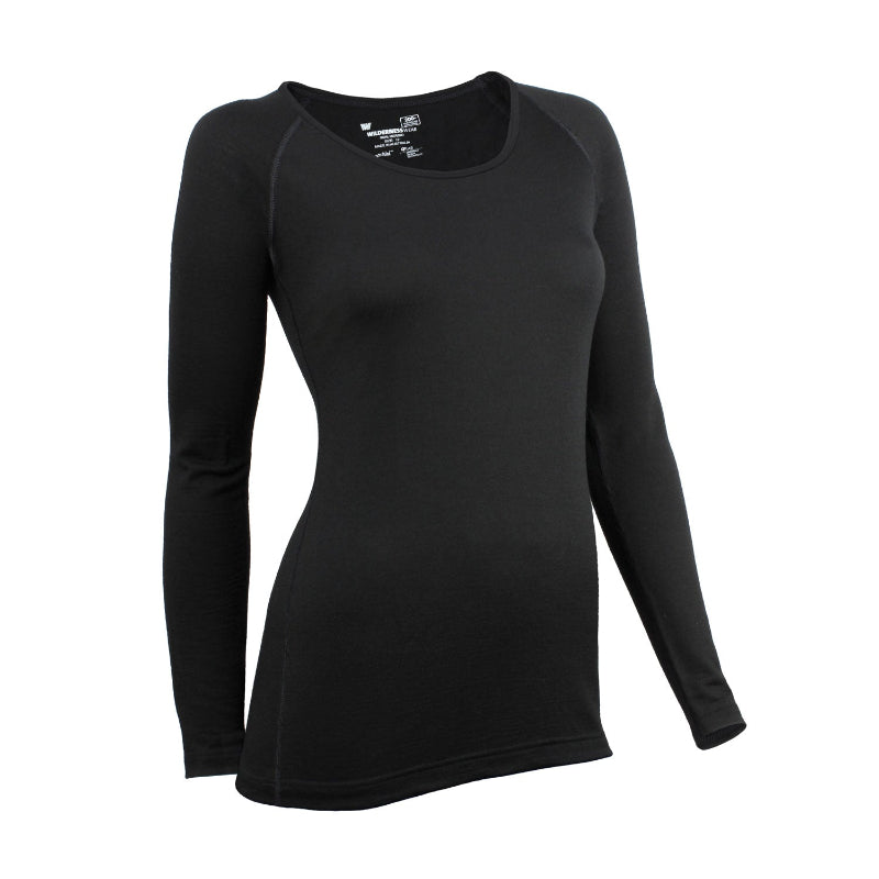 A long sleeve black scoop neck top for women, made of merino wool, with flatlock seams and gusset panels for mobility.